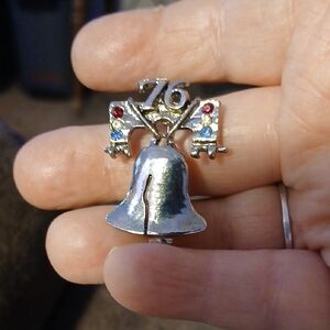 Silver Tone 76 Bell Pin Brooch with Red and Blue Accent Stones